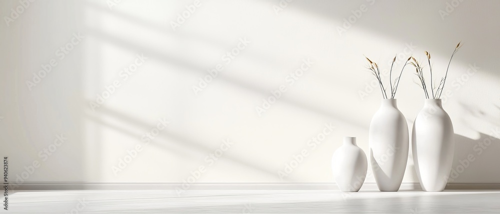 Three white vases aligned on a white floor, facing a white wall Three white vases aligned on a white floor, facing a white wall
