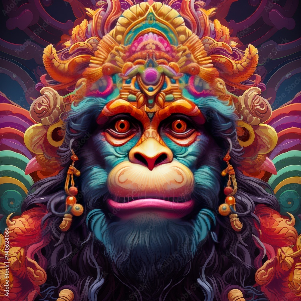 A vibrant and intricate illustration of a monkey adorned with decorative elements. A vibrant and intricate illustration of a monkey adorned with decorative elements.