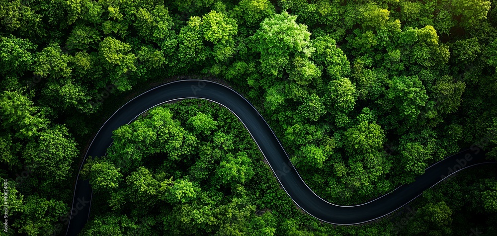 Aerial view of a winding road through dense green forest showcasing nature's beauty and serenity. Aerial view of a winding road through dense green forest showcasing nature's beauty and serenity.