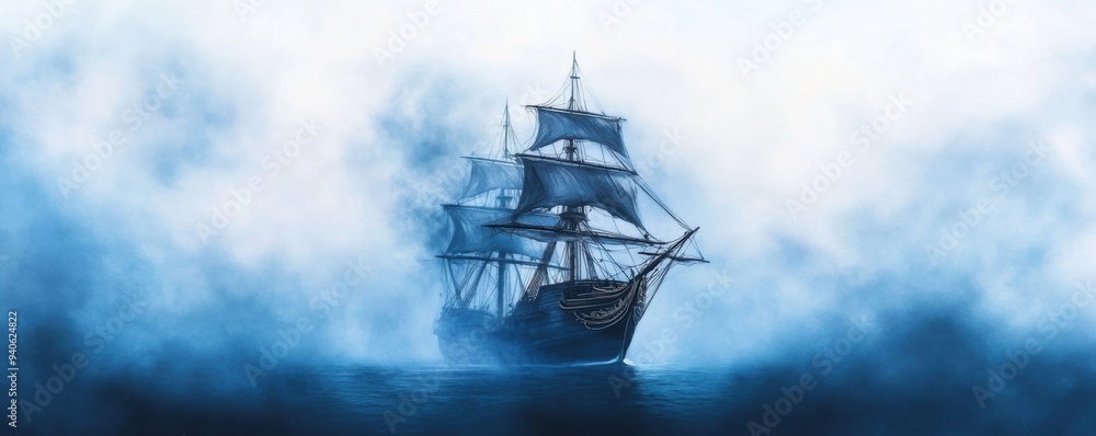 A ghostly ship sailing through misty waters, rendered in watercolor style. A ghostly ship sailing through misty waters, rendered in watercolor style.