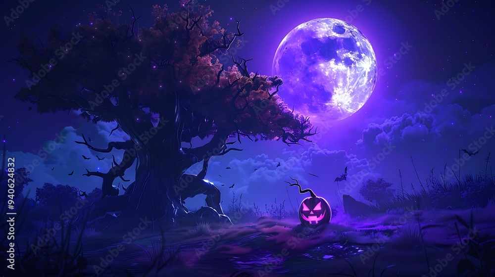 Halloween Night with a Jack-o'-Lantern under a Full Moon Halloween Night with a Jack-o'-Lantern under a Full Moon