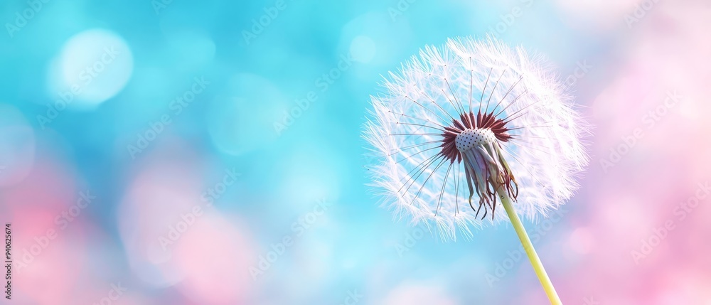 Obraz premium A tight shot of a dandelion against a softly blurred backdrop of blue and pink, with an indistinct, hazy sky above