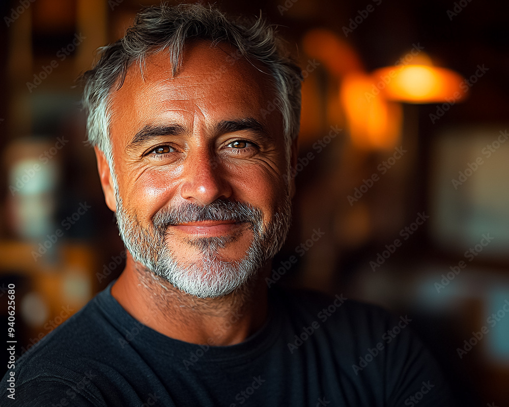 A man with a beard and gray hair is smiling A man with a beard and gray hair is smiling