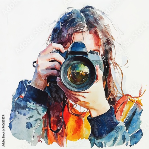 Generated iwatercolor painting of a teenager holding a camera, on isolated white backgrounmage photo