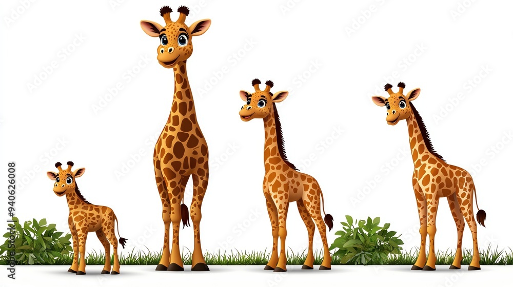 A charming illustration of four adorable giraffes. Perfect for children's books, educational materials, or playful designs. A charming illustration of four adorable giraffes. Perfect for children's books, educational materials, or playful designs.