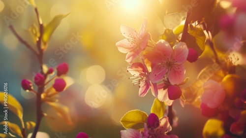 Beautiful Spring Blossom Background with Blooming Tree and Sun Flare, Perfect for Seasonal and Nature-themed Designs Generative AI photo