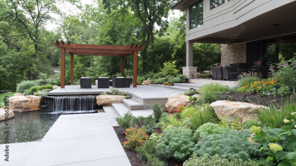 Outdoor pergola in the backyard garden by river waterfall Outdoor pergola in the backyard garden by river waterfall