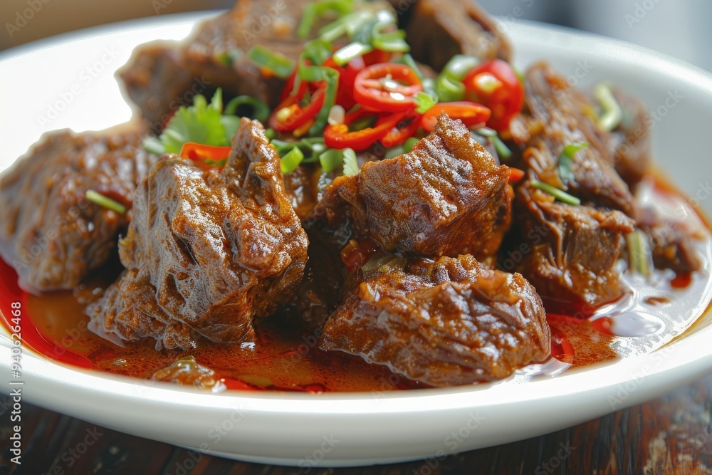 Closeup of savory beef stew with red peppers and green onions Closeup of savory beef stew with red peppers and green onions