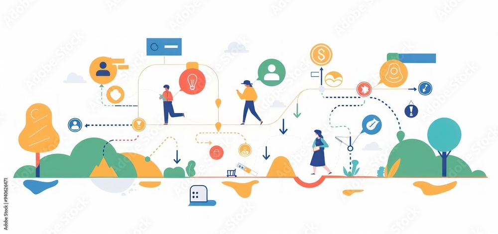People Walking on a Path with Icons and Symbols People Walking on a Path with Icons and Symbols