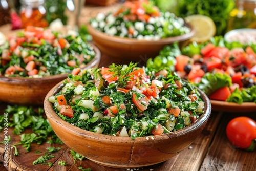 A bowl of fresh salad with tomatoes, cucumbers, parsley, and sesame seeds.