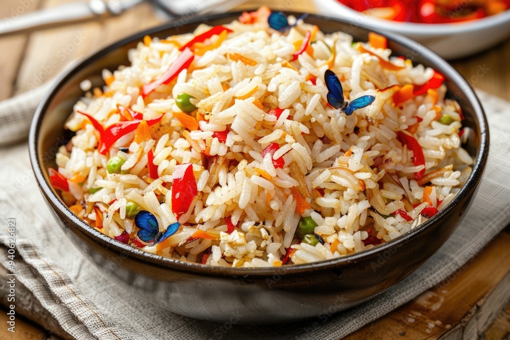 A bowl of fried rice with vegetables and blue butterflies. A bowl of fried rice with vegetables and blue butterflies.