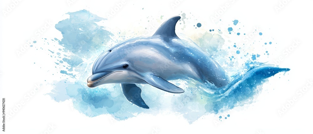 A dolphin swims in the water, its back sporting a splash of blue paint, head emerging A dolphin swims in the water, its back sporting a splash of blue paint, head emerging