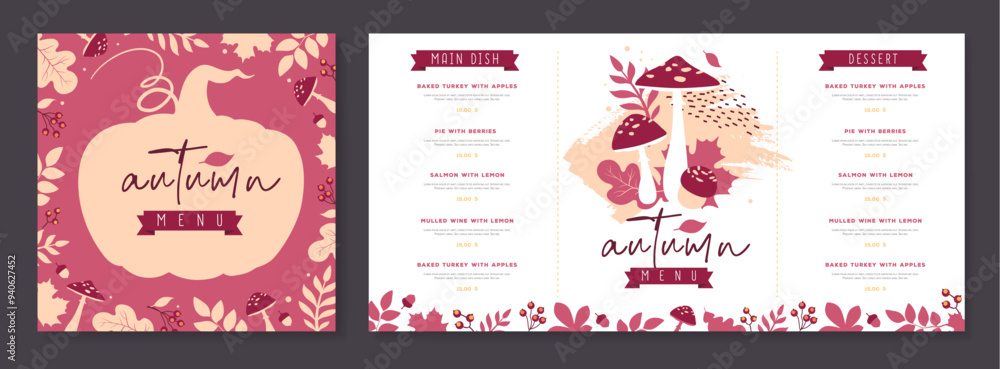 Naklejka premium Seasonal Autumn menu design with autumn floral attributes. Vector illustration
