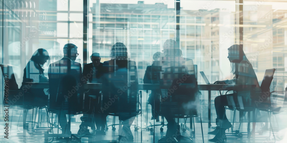 Double exposure of business meeting with colleagues discussing strategies and data analysis in a modern office setting