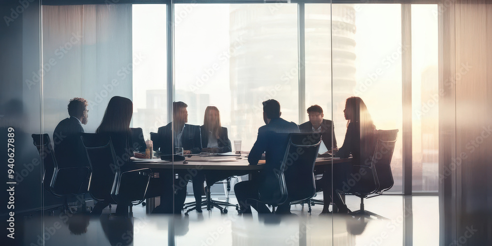 Silhouettes of professionals engaged in a business meeting in a glass-walled boardroom during sunset Silhouettes of professionals engaged in a business meeting in a glass-walled boardroom during sunset
