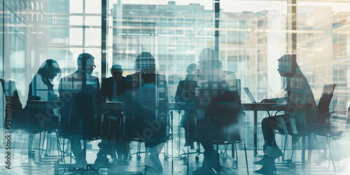 Obraz na płótnie Double exposure of business meeting with colleagues discussing strategies and data analysis in a modern office setting w salonie