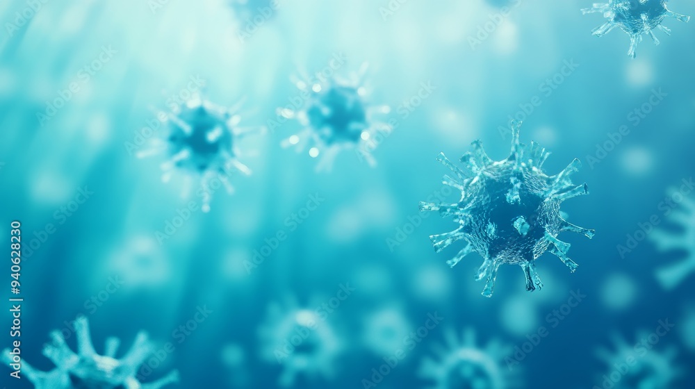 Microscopic view of flu viruses and bacteria cells against a blue background, concept of science and medicine Generative AI Microscopic view of flu viruses and bacteria cells against a blue background, concept of science and medicine Generative AI