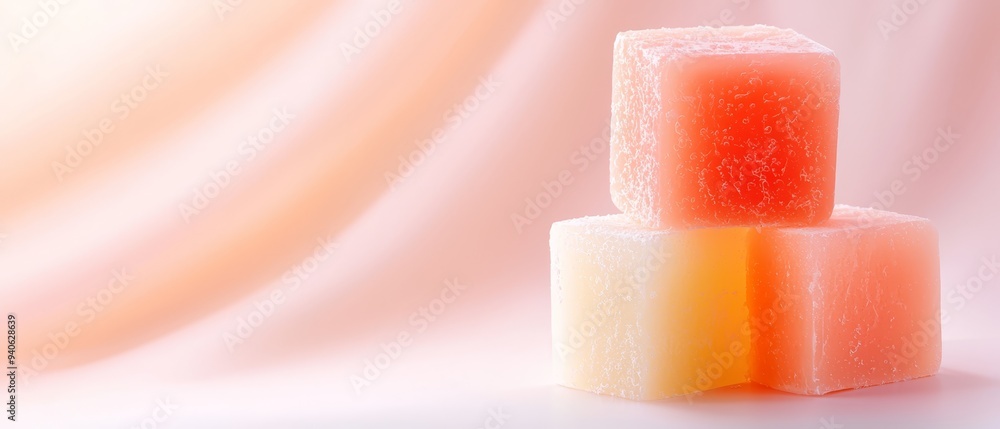 Two soap cubes stacked on a white table against a pink and yellow backdrop Two soap cubes stacked on a white table against a pink and yellow backdrop
