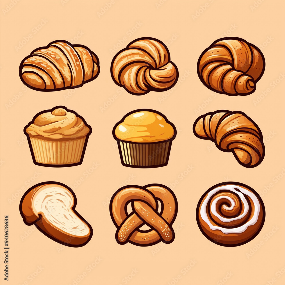 illustration featuring a collection of baked goods icons, each representing a different type of pastry or bread. illustration featuring a collection of baked goods icons, each representing a different type of pastry or bread.