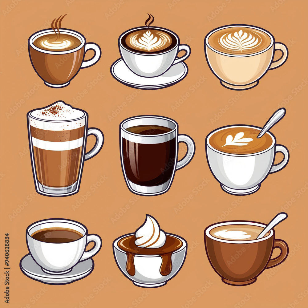 illustration featuring a collection of coffee icons, each representing a different type of coffee drink. illustration featuring a collection of coffee icons, each representing a different type of coffee drink.