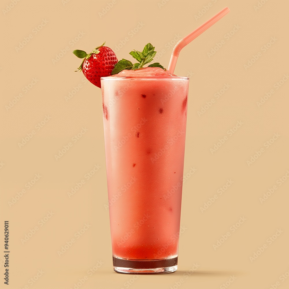 A refreshing pink drink in a tall glass, garnished with a strawberry and mint leaves. A refreshing pink drink in a tall glass, garnished with a strawberry and mint leaves.