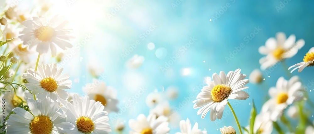 Fototapeta premium A field filled with white daisies Sun shines through scattered clouds Sky is brilliantly blue