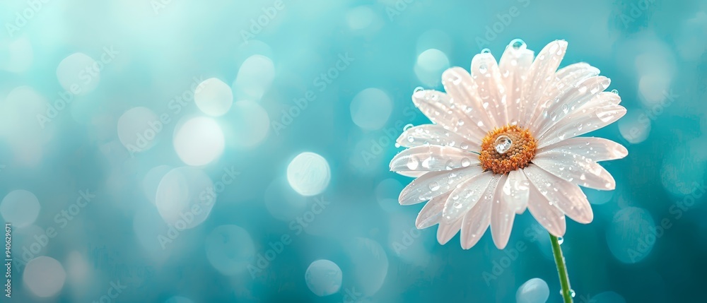 A solitary white bloom sporting water beads on its petals against a backdrop of soft, azure bokeh A solitary white bloom sporting water beads on its petals against a backdrop of soft, azure bokeh