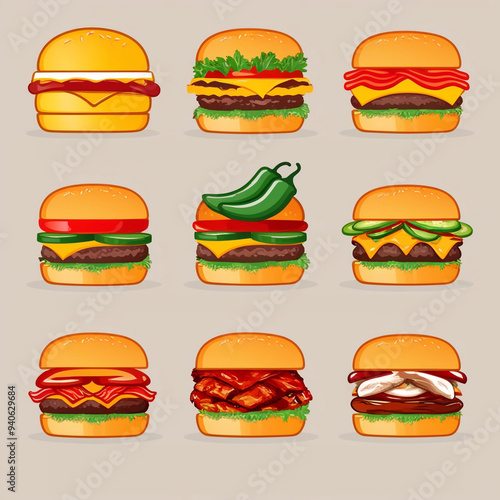 illustration featuring a collection of burger icons, each representing a different type of burger. photo