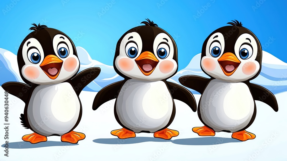Naklejka premium Three cheerful cartoon penguins stand together on a snowy background, showcasing their bright personalities and cute features.