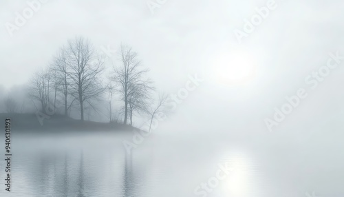 Serene foggy lake with bare trees reflecting in the water under soft sunlight, creating a calm and tranquil atmosphere.