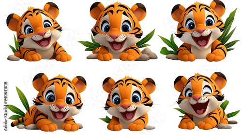 Adorable cartoon tiger character with vibrant colors, showcasing playful expressions amidst lush greenery.