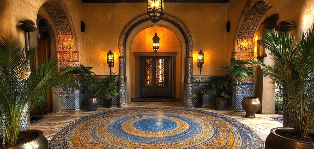 Obraz premium Elegant Mediterranean style entrance with intricate mosaic tiles, lush greenery, and ornate lanterns. Inviting and exotic ambiance.