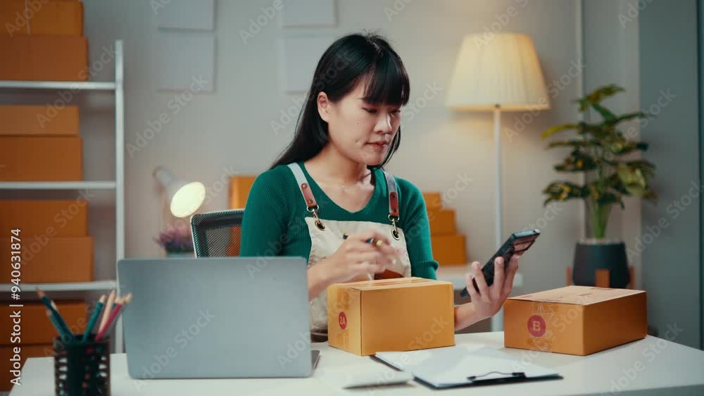 Asian female entrepreneur is using a calculator and checking order on her smartphone. She is surrounded by cardboard boxes, working in her home office Asian female entrepreneur is using a calculator and checking order on her smartphone. She is surrounded by cardboard boxes, working in her home office