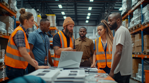 Warehouse workers check inventory or have team meetings using laptops in logistics industry warehouse.