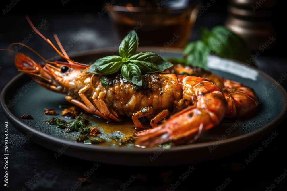 Fried Prawns on White Plate with Mint Garnish - Crispy, golden prawns perfectly fried and served on a pristine white plate, beautifully garnished with fresh mint leaves. Exquisite food photography Fried Prawns on White Plate with Mint Garnish - Crispy, golden prawns perfectly fried and served on a pristine white plate, beautifully garnished with fresh mint leaves. Exquisite food photography