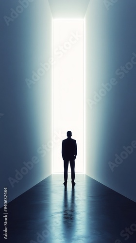 Silhouetted Man Facing Bright Rectangular Light at End of Hallway