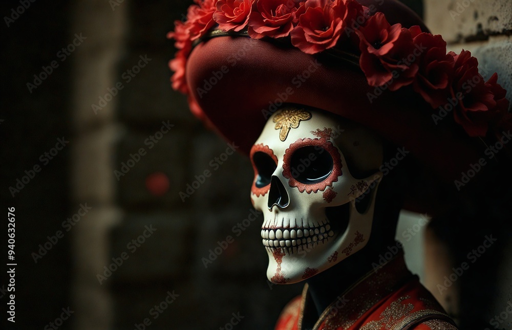 A striking portrait of a person adorned with traditional Día de los Muertos skull makeup, set against a rustic backdrop. The subject's bold red hat and outfit are highlighted by intricate gold pattern A striking portrait of a person adorned with traditional Día de los Muertos skull makeup, set against a rustic backdrop. The subject's bold red hat and outfit are highlighted by intricate gold pattern
