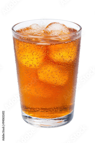 Refreshing carbonated drink with ice cubes, perfect for quenching thirst on a hot day. photo