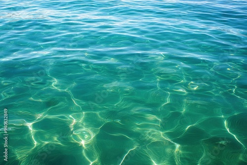 Blue green surface of the ocean in Catalina Island California with gentle ripples on the surface and light refracting , ai