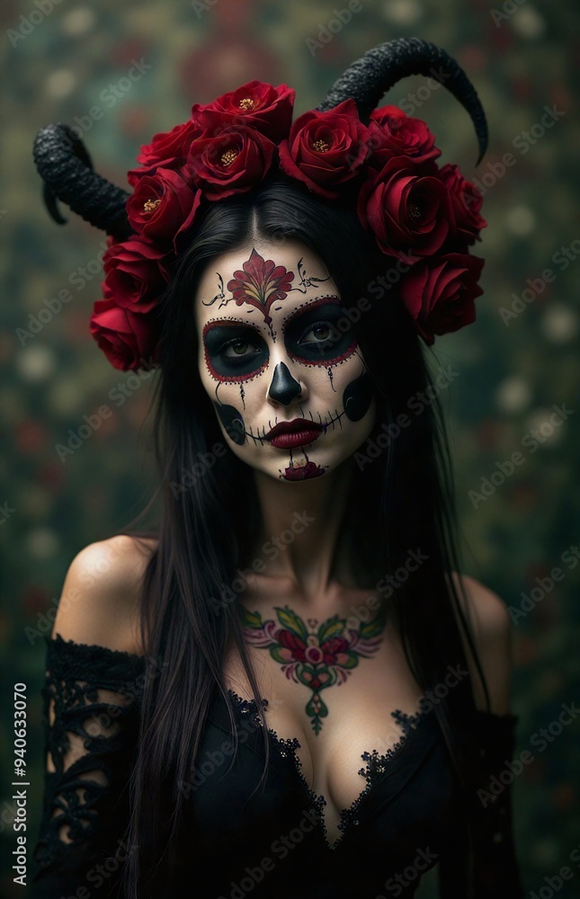 Day of the Dead-inspired portrait of individual adorned with vibrant makeup design and floral tattoo Day of the Dead-inspired portrait of individual adorned with vibrant makeup design and floral tattoo