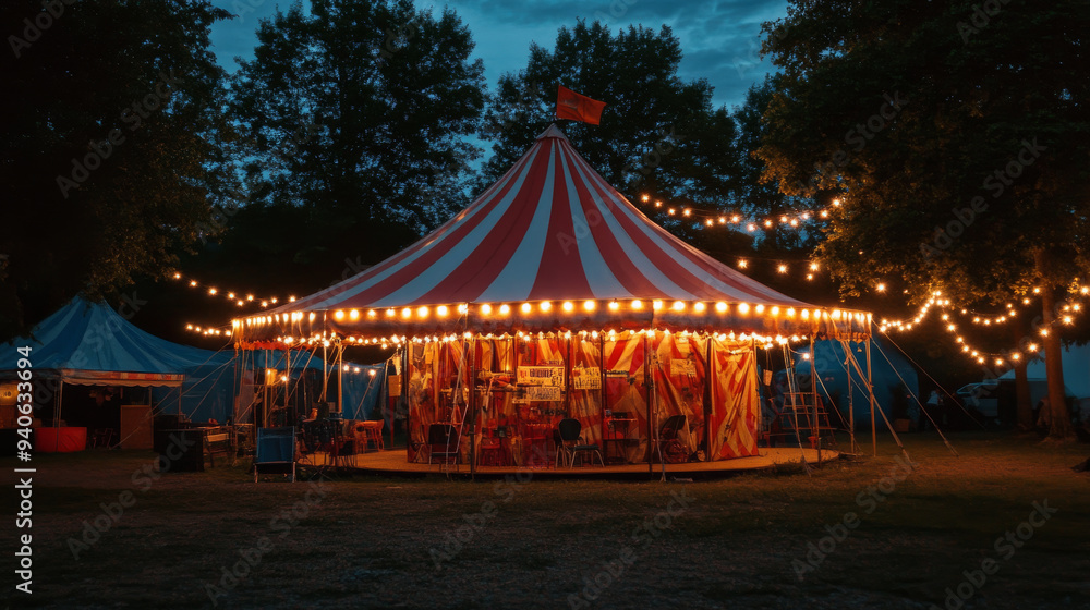 A small circus tent set against the backdrop of an evening sky, with a warm, inviting glow emanating from a row of lights strung around its perimeter. The tent, with its traditional red and white stri A small circus tent set against the backdrop of an evening sky, with a warm, inviting glow emanating from a row of lights strung around its perimeter. The tent, with its traditional red and white stri