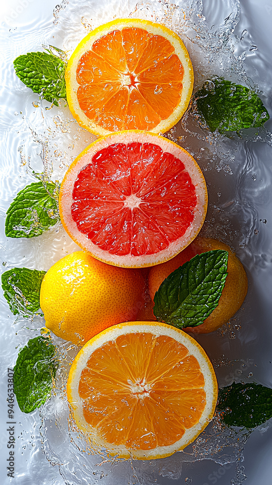 A close up of three oranges and a lime on a white background A close up of three oranges and a lime on a white background