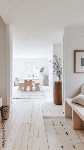A Scandinavianmodern foyer with light pine floors