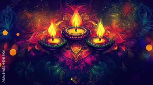 A vibrant display of decorative candles with colorful patterns and glowing flames.