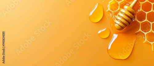  Close-up of honeycomb and yellow background with honey dipper in frame ..Or, for a more descriptive version:..Detailed photo