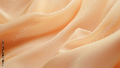 Close-up of smooth, flowing peach-colored silk fabric with soft folds creating a luxurious, elegant, and delicate texture background.