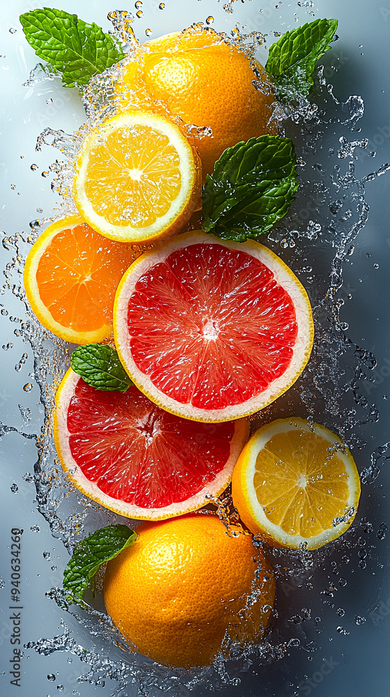 A close up of a bunch of oranges and grapefruit with a splash of water A close up of a bunch of oranges and grapefruit with a splash of water