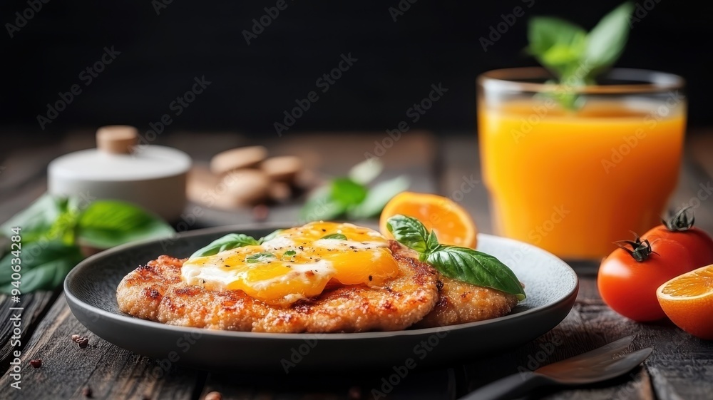 Wiener Schnitzel paired with a refreshing glass of fruit juice, creating a balanced meal. Wiener Schnitzel paired with a refreshing glass of fruit juice, creating a balanced meal.