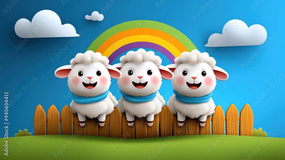 Fototapeta premium Three cheerful cartoon sheep with smiles, sitting in front of a colorful rainbow and a wooden fence against a bright blue background.