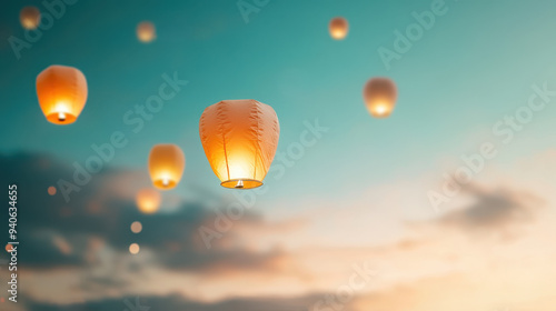 Floating lanterns illuminate evening sky, creating serene and magical atmosphere. warm glow evokes feelings of hope and celebration. photo